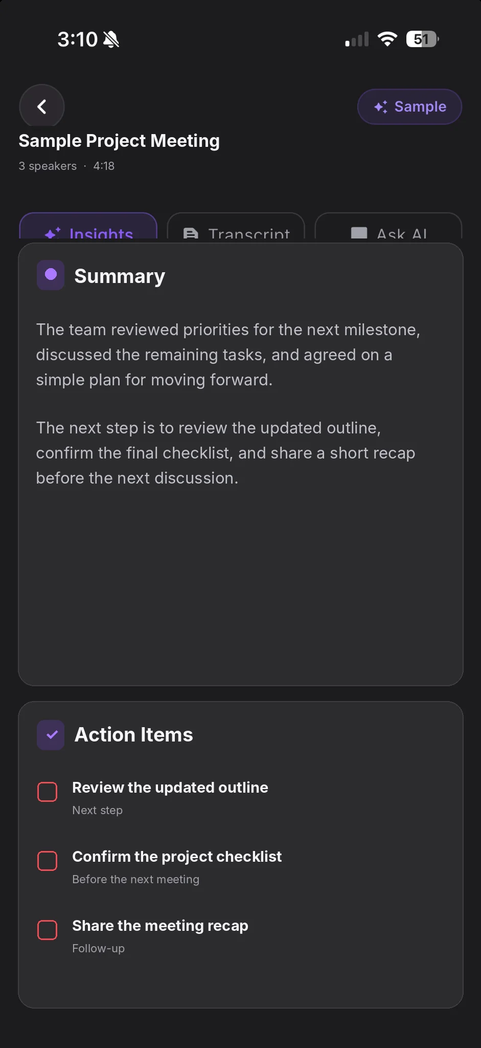 VoiceFold AI summary and action items