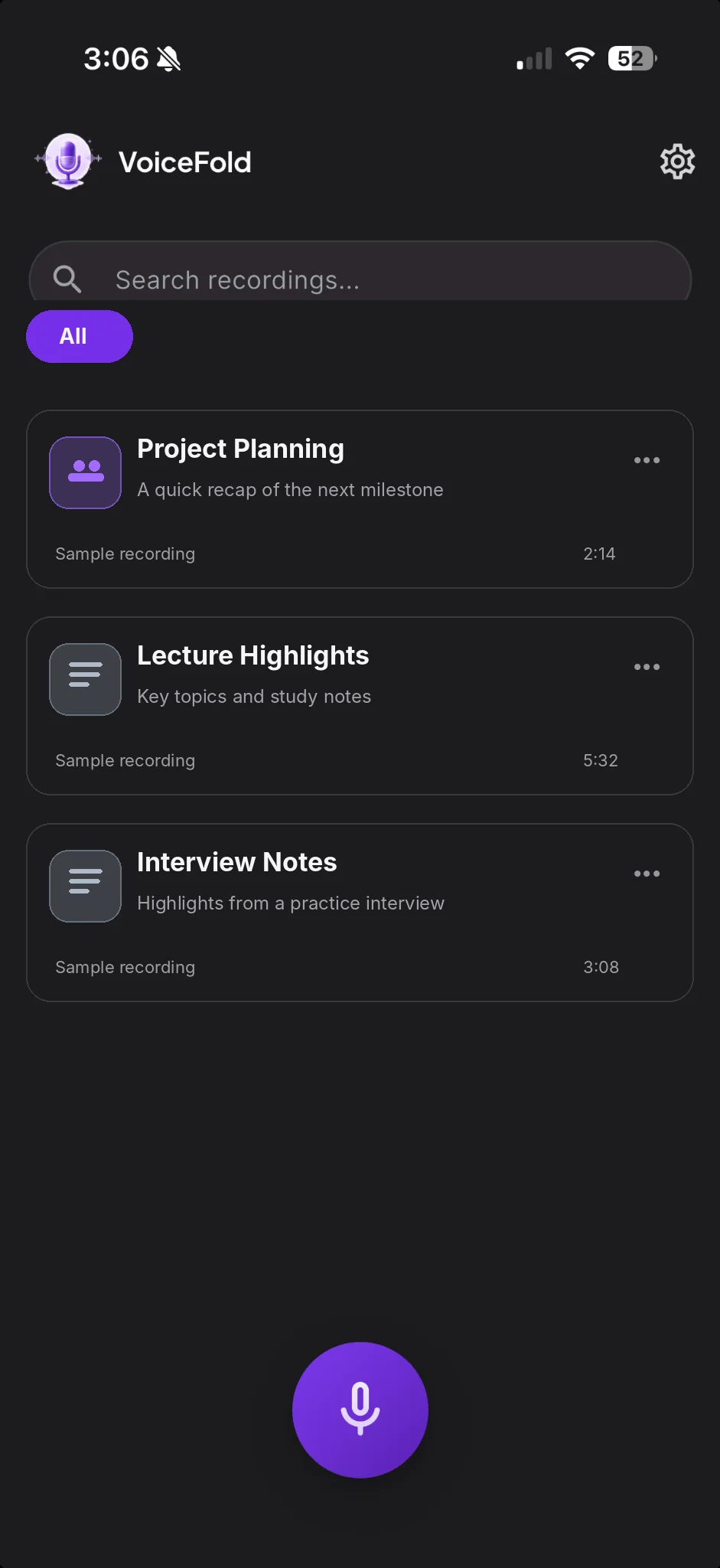 VoiceFold recordings library screen